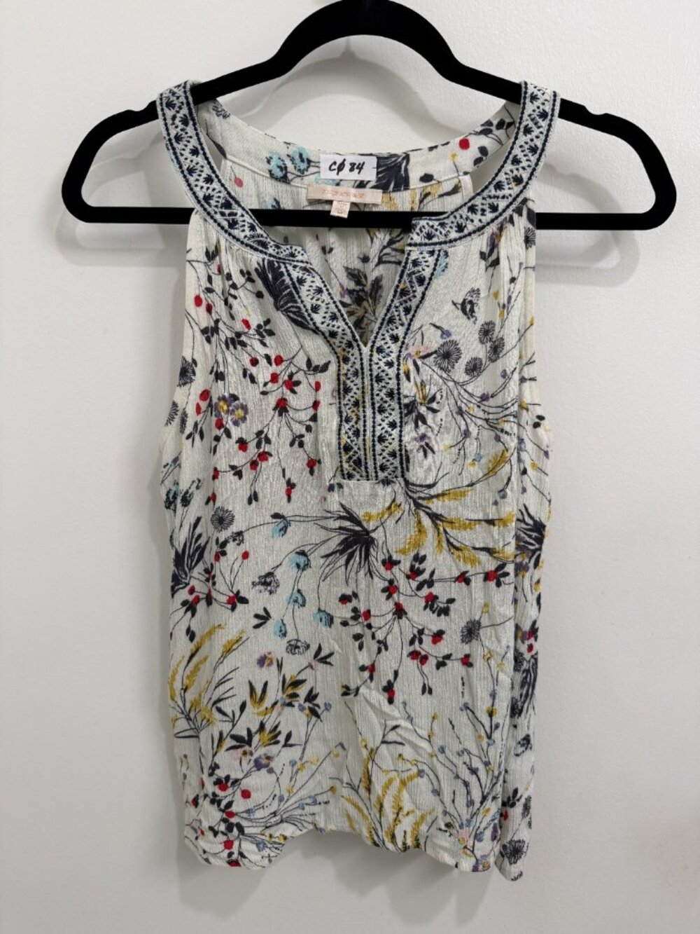 C084 Skies Are Blue Floral Embroidered Split-Neck Tank Top - Picture 2 of 5